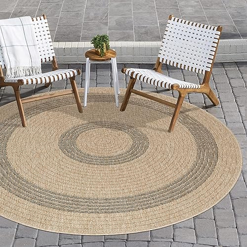 Carpettex Outdoor Teppich Wetterfest 160 cm Rund Sisal & Jute Optik Natur - Ideal für Balkon, Garten, Terrasse und als Küchenteppich - Teppich Waschbar, Wasserfest, Pflegeleicht, Vintage Design