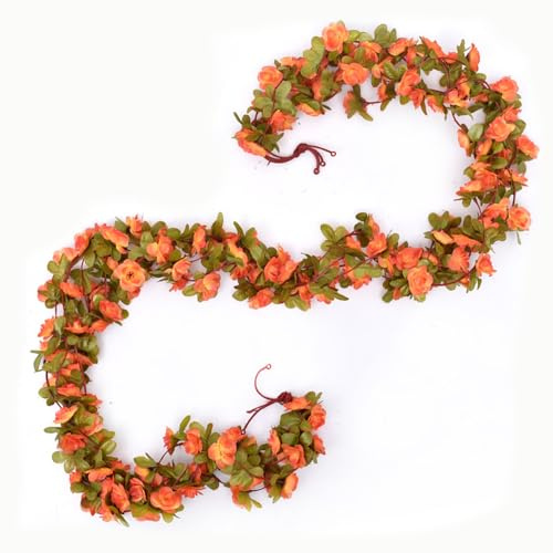 LSRVNM 5 Pezzi Ghirlanda di Rosa Artificiali, 5 x 2,5m Rosa di Seta Vite Finta Appesa, Ghirlanda Fiori Artificiali per Matrimonio Giardino Arco Decorazione (Arancia)