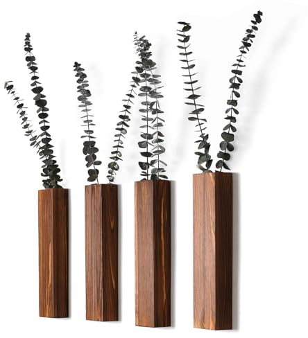Sawoake Wooden Wall Planter Set of 4 - Modern Home Decor for Living Room, Bedroom, Bathroom - Walnut Finish Planter for Dried Flowers, Faux Greenery, Indoor Plants