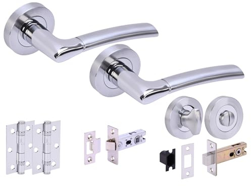 Hunta HANDLEZONE® Columba Premium Door Handles on Rose Bathroom Deadbolt Pack with 75mm Ball Bearing Hinges, 65mm Latch and Lock - Dual Polished/Satin Chrome