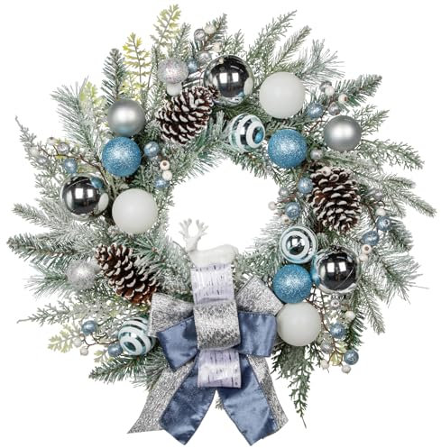 Weihnachtskranz Türkranz für Weihnachten - Silber-Blauer Adventskranz mit Weihnachtskugeln, Beeren, Tannenzapfen und Schleife, Dekokranz Weihnachtsdeko Tischkranz, Ø 60CM