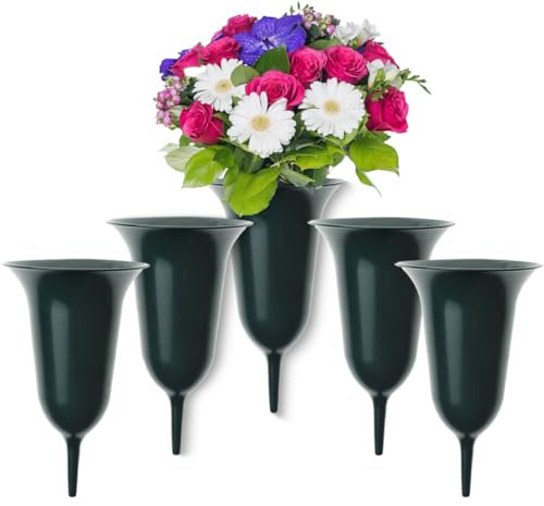 Lot de 5 vases funéraires à planter comme décoration funéraire résistant au gel - Vases de cimetière verts de 25 cm - En plastique résistant aux intempéries - Vase à fleurs à planter comme beaux vases