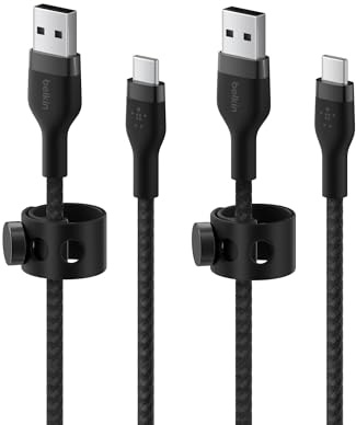 Belkin BoostCharge Pro Flex Braided USB-C to USB-A Cable (6.6ft/2M), USB-C USB-IF Certified Fast Charging Cable for iPhone 16, iPad Pro, Galaxy S25, Pixel, Nintendo Switch 2 & More - Black (2-Pack) | USB-IF Certified, tangle-free braided cord, iPhone 17/16, Samsung Galaxy S25, iPad Pro, Nintendo Switch 2, fast charging