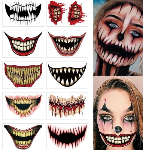 Tatuaggio Della Bocca di Halloween - 10 Fogli Tatuaggi Temporanei per Viso - per Halloween Party