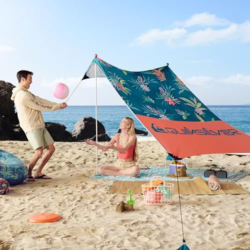 QUIKSILVER Bärbart strandskydd – UPF 50+ solskyddstält med sandsäcksankare och ventilation, lätt och vattentätt för stranden, camping eller utomhusbruk – passar 4–6 personer