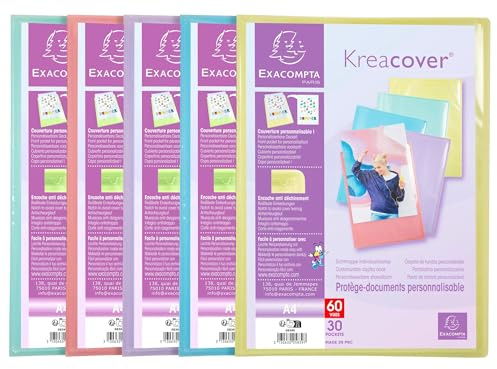 Exacompta 5839E 10er Pack Sichtmappe KreaCover Pastell aus Kunststoff DIN A4 mit 30 Klarsichthüllen, 60 Sichten, Tasche am Vorderdeckel zum selbstgestalten, Aktenhülle farbig sortiert