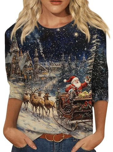 Weihnachts T-Shirt Damen Lustig Shirt 3/4 Arm | Rundhals Xmas T Shirt Rentier Weihnachtsbluse Party Weihnachts 3/4 Ärmel Weihnachtsmann Blusen