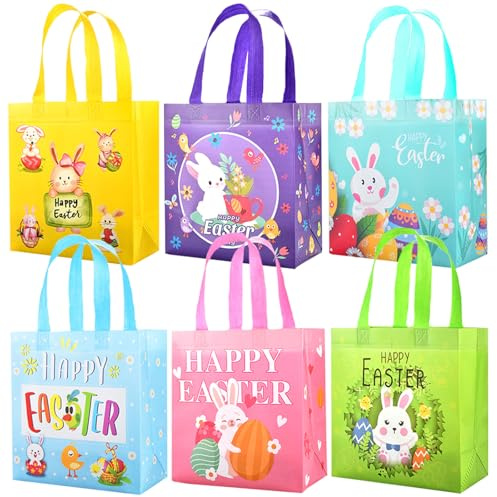 Ostereiersuche-Taschen, 6 PCS Ostern Tasche, Häschen Karotten Küken Ei Taschen, Geschenktasche Ostern, Geschenktüten mit Henkel Kinder, Non-Woven Ostertaschen Zum Verpacken von Geschenken (A)