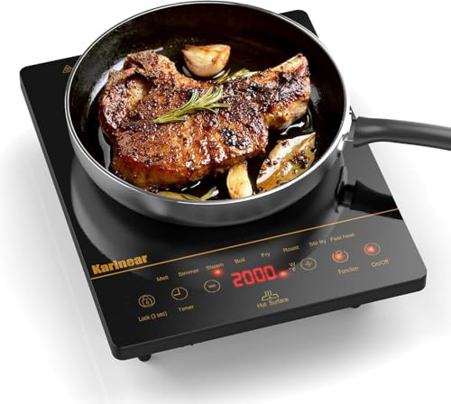 Karinear Portable Ceramic Hob for ALL Cookware | with 4-Hour Timer, 9 Power Levels Up to 2000W, 8 Pre-set Functions Touch Sensor Control, Safety Lock