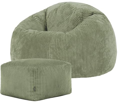 Icon Kingston Sitzsack Cord und Hocker mit Füllung, Grün | In Deutschland Hergestellt, Sitzsack Erwachsene, Weicher Cordstoff, Sitzsack Sessel für Wohnzimmer und Schlafzimmer