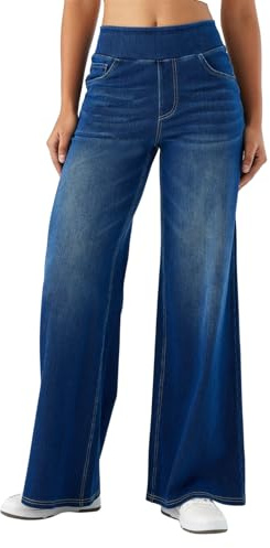 SotRong Wide Straight Leg Baggy Jeans for Women High Elastic Waisted Pull On Jegging Tummy Control Palazzo Denim Pants Casual Soft Loose Stretchy Curve Sweatpant Jean Trousers Navy Blue L