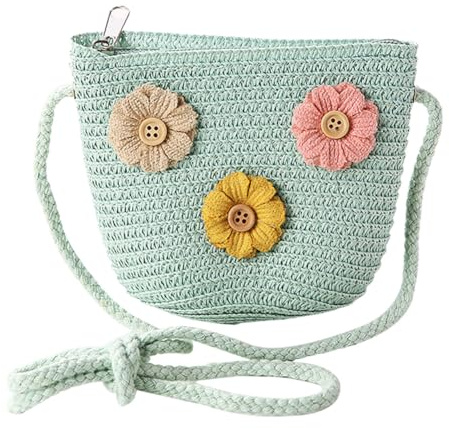 HGSHUO Mädchentaschen Blumen Stroh Tasche mit Reißverschluss Strohtasche Crossbody Bag Stroh Umhängetasche Boho für Urlaub Reise Outdoor Aktivitäten Ostern Mitgebsel Geschenke Grün
