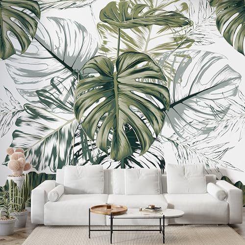 Papier Peint Panoramique Feuilles de Palmier Plante Tropicale - Papier Peint Intissé Autocollant - Aquarelle Minimalisme Décoration Murale - Adhésif Mural pour Salon Chambre, 100x70 cm - N-937