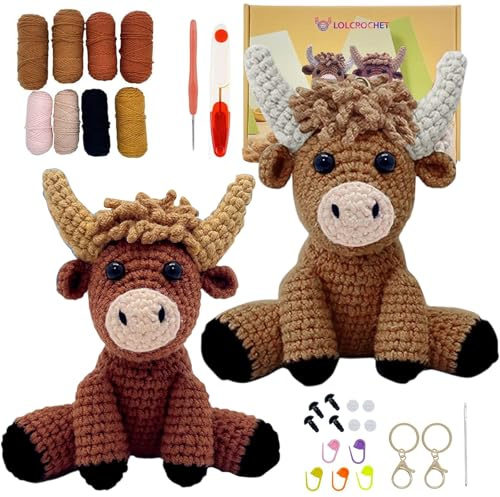 Calenxy Komplettes Häkel-Set für Anfänger - 2 Hochlandrinder häkeln inkl. Video-Anleitung | Einfaches DIY Bastelset für Kinder ab 8 Jahre & Erwachsene | Kreativgeschenk mit Garn & Häkelnadel