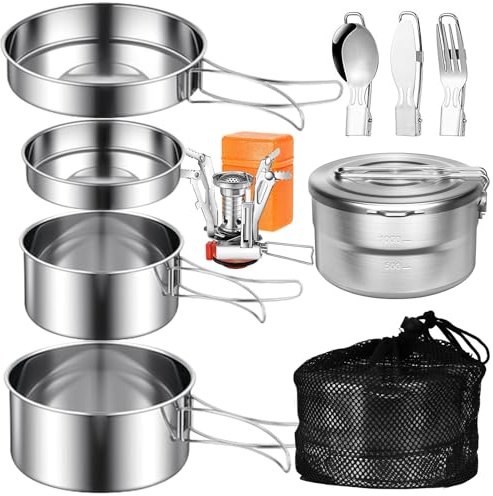 10 Pezzi Set di Pentole da Campeggio Acciaio Inox, con Pentola da Campeggio, Padella, Piatti, Posate e Stufa, Set di Pentole da Esterno da Picnic Pieghevole per Campeggio, Arrampicata,Trekking