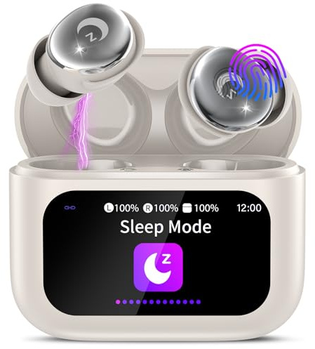 VEKJ Auriculares Inalámbricos con Pantalla Táctil LED, 2025 Auriculares Bluetooth 5.4 HiFi Estéreo, 48H Mini Auriculare para Dormir con Cancelación de Ruido, IP7 Impermeable Cascos Inalambricos Blanco