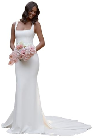 Ivory Wedding Dresses for Bride 2026 Mermaid Satin Square Neck Backless Spaghetti Strap Sleeveless Beach Bridal Dress for Women with Train US10