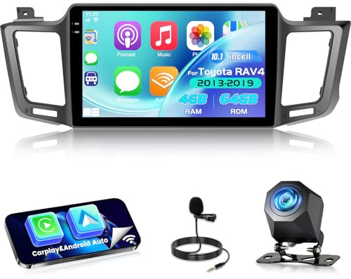NHOPEEW 4+64G Android Radio para Coche para Toyota RAV4 2013-2019 con Carplay y Android Auto - Pantalla incell de 10 Pulgadas Compatible con WiFi GPS Control en el Volante + Cámara de Marcha atrás