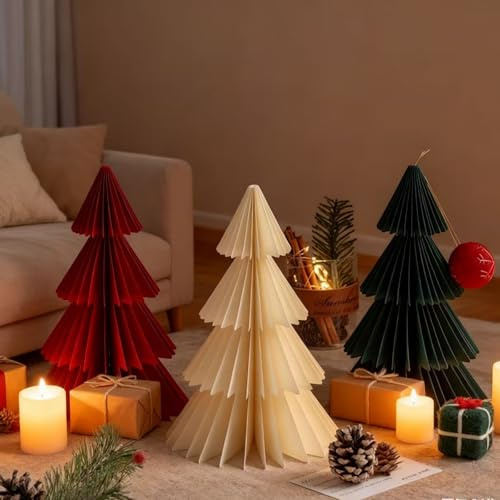 3 Stück Papier Tannenbaum, Papier Weihnachtsbaum Waben Deko, 3D Papiertannenbäume 15–30 cm Weihnachten Dekoration, Tischdeko Weihnachtsdeko Innen für Esstisch Schrank Fensterbank Kaminsims Büro (15cm)