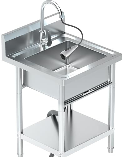 20Inch Stainless Steel Utility Sink, Commercial Single Bowl with Hot & Cold Water Lines, Drain Kit + Base Plate for Kitchen, Garage, Laundry