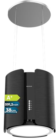Cecotec Cappa a Isola Rotonda 38 cm Bolero Flux CRE 385500 Black A+. Portata 591,2 m³/h, Motore DC, Comandi Elettronici, Filtro Carbone, Classe A+, Finitura Acciaio Nero