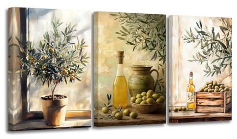 CXHOSTENT Set of 3 Olive Canvas Wall Art Vintage Kitchen Pictures Wall Decor Olive Oil & Branches Prints Still Life Botanical Artwork for Rustic Farmhouse Decor Frame (Brown, 11x14inchx3 Pieces)