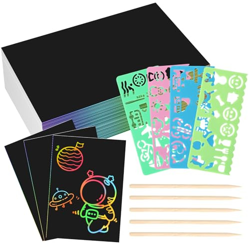 60 feuilles d'images à gratter arc-en-ciel pour enfants, avec 4 pochoirs et 5 stylos