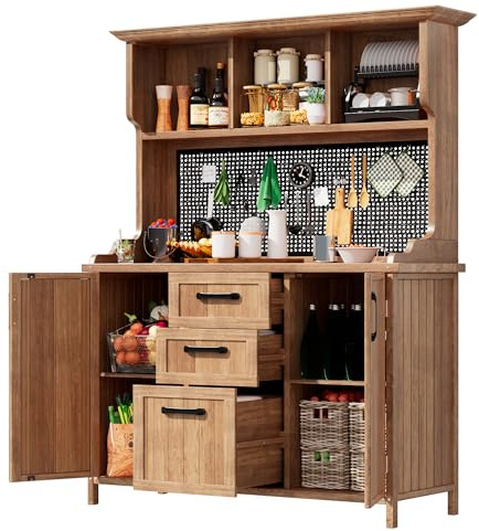 DRIXNO Gartenschrank Holz, 125x50x185.1 cm Werkzeugschrank, Outdoor Gartenhaus Geräteschuppen, Standschrank mit 3 Schubladen, Metall-Lochwand, Verstellbaren Regalböden, für den Außenbereich Terrasse
