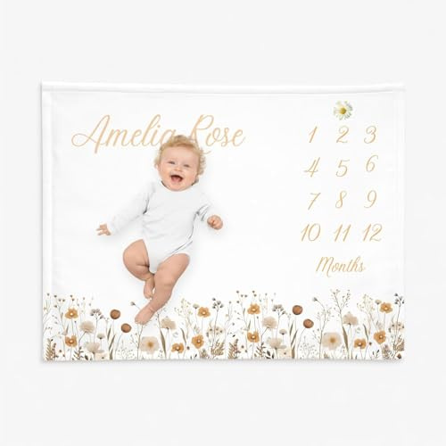 Meilenstein-Babydecke mit Namen Blumenmuster für Mädchen und Jungen,Personalisierte Monatliche Flanelldecke Baby decke zum Pucken,Baby Wachstums Decke, Fotohintergrund mit Rahmen (Blumenmuster 11)