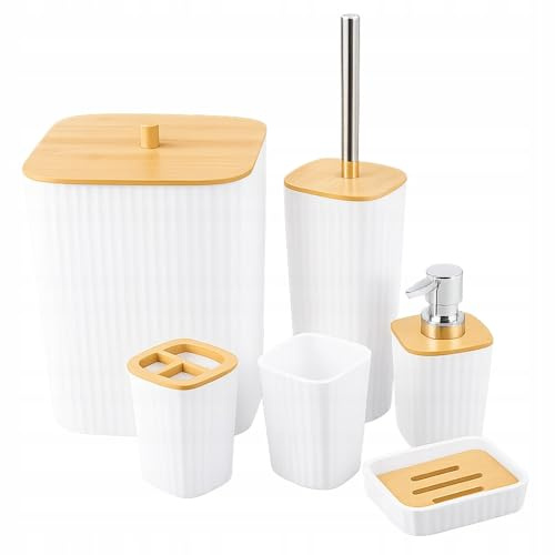 Conjunto de Baño 6 Piezas, Blanco con Detalles de Bambú, Incluye Escobilla, Papelera, Dispensador y Accesorios - 6 Piezas