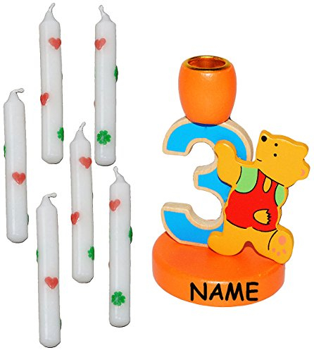 alles-meine.de GmbH Kerzenhalter - 3. Geburtstag - Teddy - aus Holz - incl. 6 Stück Kerzen + Name - Kerzenständer zum Aufstellen - Geburtstagszahl - Geburtstagskranz Kinderge..
