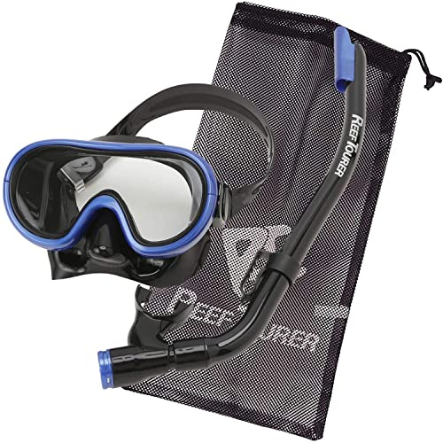 Reef Tourer Kids Snorkel Set Single Window Mask & Snorkeling Gear for Kids – Semi-Dry Top, Wide View Single Window Mask w/Reusable Mesh Bag Ages 4-9 for Snorkeling and Swimming, Black/Metallic Blue