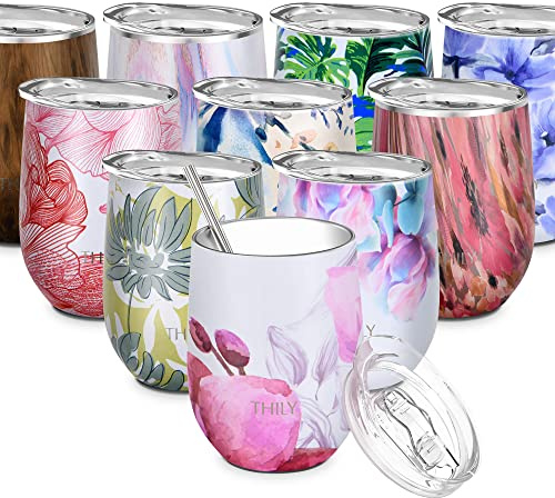 THILY Weinglas aus Edelstahl, isoliert, ohne Stiel, Weinglas mit Deckel und Strohhalm, spritzwassergeschützt, süßer Reisebecher für Kaffee, Cocktails, Geschenke für Frauen, sie, Ehefrau, Lotusblume