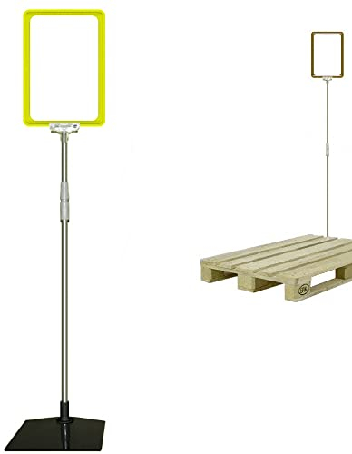 12 Plakatständer DIN A5 Rahmen gelb, Teleskopständer höhenverstellbar bis 1510 mm mit Teleskoprohr ALU Kunststoff, Fuß eckig 160x192 mm Stahl schwarz, Kundenstopper, Aufsteller für Paletten Ware