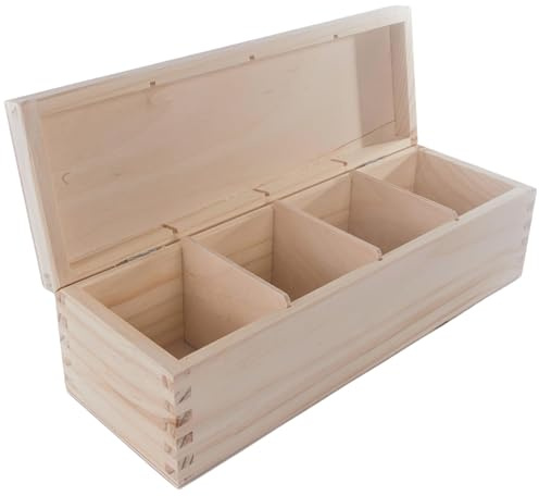 Rectangular Oblong Wooden Box with 4 Sections | 29 x 10 x 8 cm | Accessories Storage Case Tea Bag Sewing Jewellery Caddy Organiser Divided Compartments | Unpainted Decorative Wood