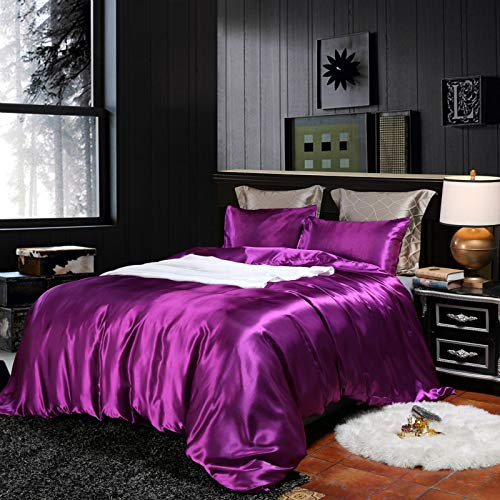 Lanqinglv Bettwäsche 155x220cm 4 Teilig Violett Lila Satin Seide Seidig Luxus Uni 2 Elegant Bettbezug 155x220cm mit Reißverschluss und 2 Kissenbezug 80x80cm