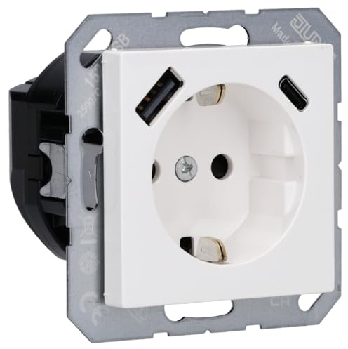 Jung A1520-15CAWW SCHUKO-Steckdose mit USB Typ AC (3A) mit erhöhtem Berührungsschutz (Thermoplast bruchsicher) Alpinweiß Serie A