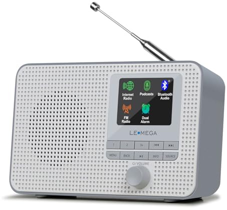 LEMEGA IR1 Portable WiFi Internet Radio, FM Digital Radio, Bluetooth, Dual Alarms Clock,Sleep Snooze Timer,40 Presets,Headphone-Output, Colour Display,Batteries or Mains Powered – Grey Finish