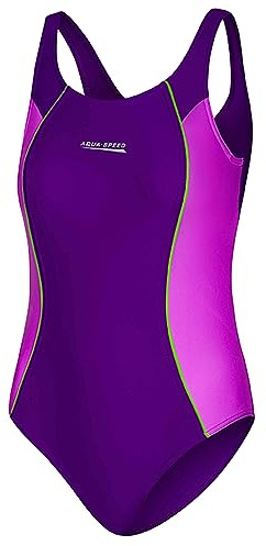 Aqua Speed LUNA swimming costume girl | one piece suit | 104-158 | UV protection | chlorine resistant | violet - dark violet - green - 48 | Size:134 cm