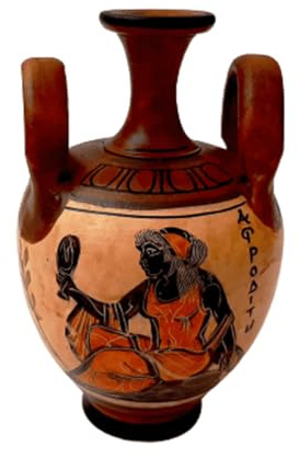 Antike griechische Vase, 13 cm, braune Amphore, mit Darstellung der Göttin Aphrodite