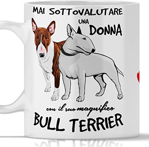 Taza Bull Terrier para desayuno, té, té de hierbas, café, capuchino. Gadget taza Nunca subestimar a una mujer con un perro bull terrier. Idea regalo original