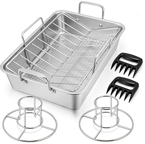 16 Roasting Pan with Rack, 7 PCS P&P CHEF Stainless Steel Turkey Roaster Lasagna Pan with Cooling Flat & V-shaped Baking Rack, Grilling Chicken Holder, Meat Shredding Claws, Dishwasher & Oven Safe