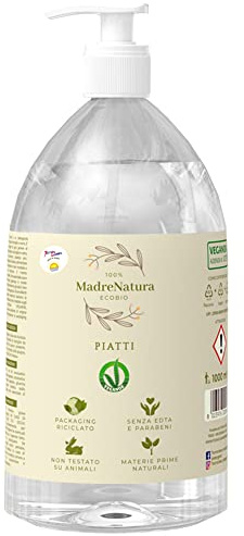 MadreNatura - Detergente Piatti Ecologico Con Materie Prime Di Origine Vegetale, ecobio con olio essenziale di limone per biberon, stoviglie in vetro, ceramica - Ipoallergenico - pH neutro - 1000 Ml