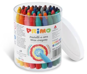 PRIMO - Crayones de Cera Jumbo Maletín de 48 Piezas con 12 Colores para Niños +3 Años, Crayones de Color Intenso para Material Escolar y Papelería, Manualidades no Mancha, Vuelta al Cole Made in Italy
