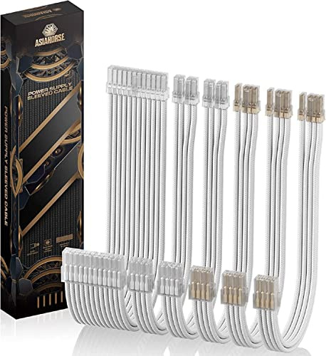 AsiaHorse PSU Cable Extension for Power Supply with Transparent Plug and Cable Combs 24 Pin / 2 x 8 Pin (4 + 4) / 3 x 8 Pin (6 + 2), 30 cm Length White Cable