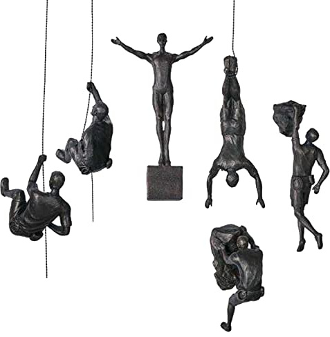 6pcs Large Bronze Climbing Abseiling Wall Hanging Ornaments Figures Set Wall Climer Men Rock Climbers Set Abseiling Men Figurines Home Decor