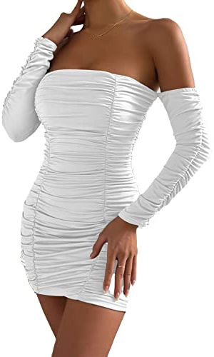 AIEOE Abito da Donna Corto Maniche Lunghe Mini Vestito Schiena Nuda Sexy per Cocktail Party Taglia XS Bianco