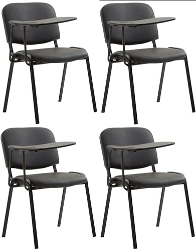 CLP Lot De 4 Chaises De Visiteur Ken Similicuir I Sièges avec Tablette Rabattable I Pieds en Métal, Couleur:Noir