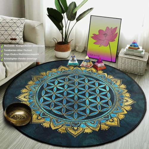 XIAOHUKK Mandala Blume des Lebens, runder Teppich, Wohnzimmer, Sofatischkissen, weicher Schwamm, Schlafzimmer, Nachttischteppich, Badezimmerdekorationsteppich