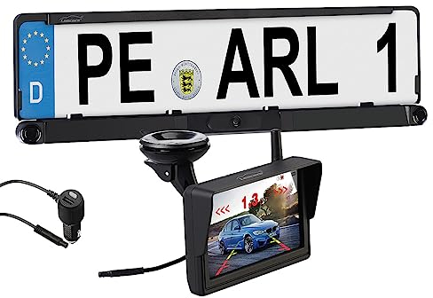 Lescars Nummernschildkamera: Funk-HD-Rückfahrkamera in Nummernschildhalter, Monitor, Abstandswarner (Rückfahrkameras, Parksensor, Lautsprecher)